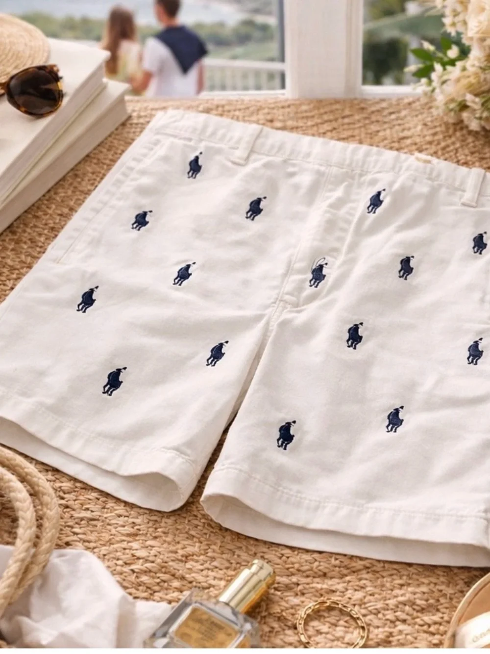 Ralph Lauren White Shorts with Navy Embroidered Polo Motif